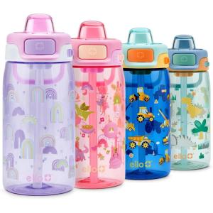 Ello Pop & Fill 16oz Tritan Plastic Kids Water Bottle with Quick Fill Lid | BPA Free Reusable Bottle with Leak Proof Straw and Chug Lid, Dishwasher Safe, Gift For Kids, Dino(Rainbows)