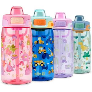 Ello Pop & Fill 16oz Tritan Plastic Kids Water Bottle with Quick Fill Lid | BPA Free Reusable Bottle with Leak Proof Straw and Chug Lid, Dishwasher Safe, Gift For Kids, Dino(Royal Palace)