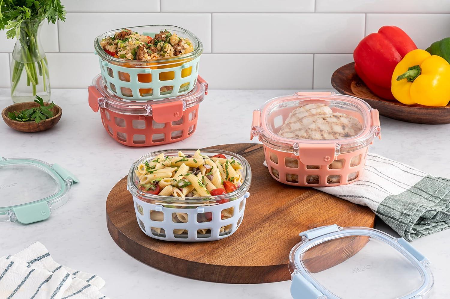 imageEllo Duraglass 34 Cup Meal Prep Sets 10Pc 5 Pack Set Glass Food Storage Container with Silicone Sleeve and Airtight BPAFree Plastic Lids Dishwasher Microwave and Freezer Safe MelonMelon Rounds