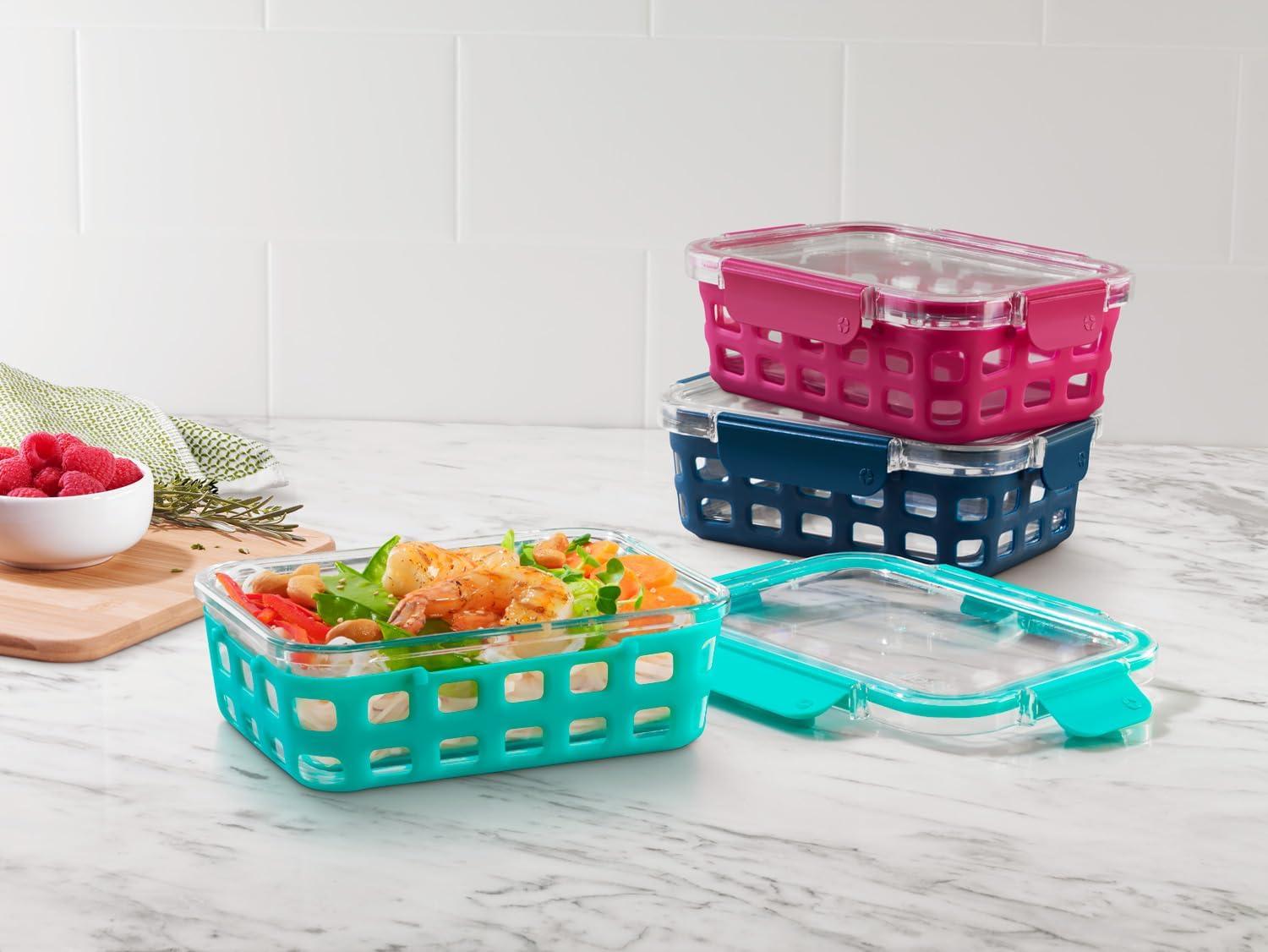 imageEllo Duraglass 34 Cup Meal Prep Sets 10Pc 5 Pack Set Glass Food Storage Container with Silicone Sleeve and Airtight BPAFree Plastic Lids Dishwasher Microwave and Freezer Safe MelonMixed Berry