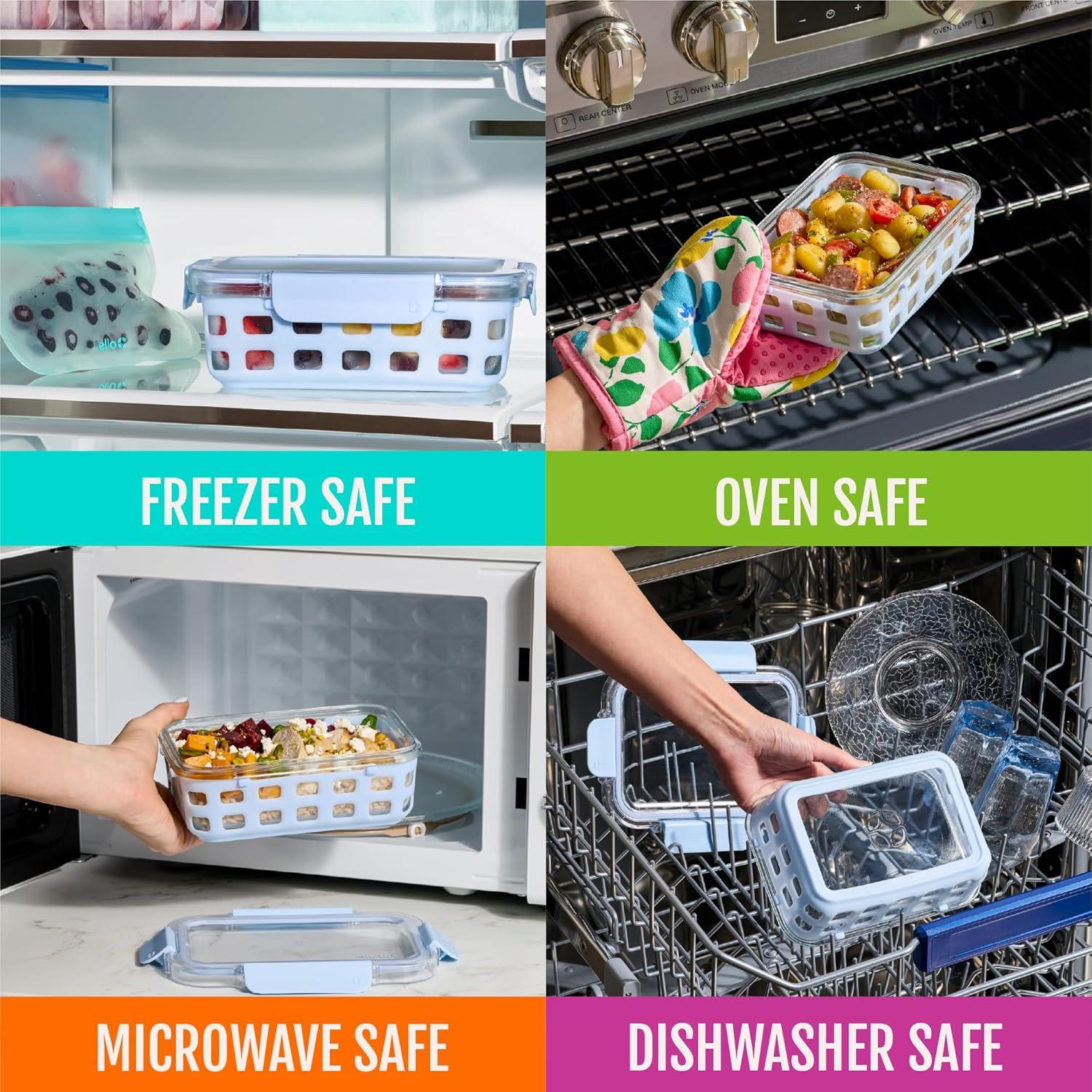 imageEllo Duraglass 34 Cup Meal Prep Sets 10Pc 5 Pack Set Glass Food Storage Container with Silicone Sleeve and Airtight BPAFree Plastic Lids Dishwasher Microwave and Freezer Safe MelonFruit Salad