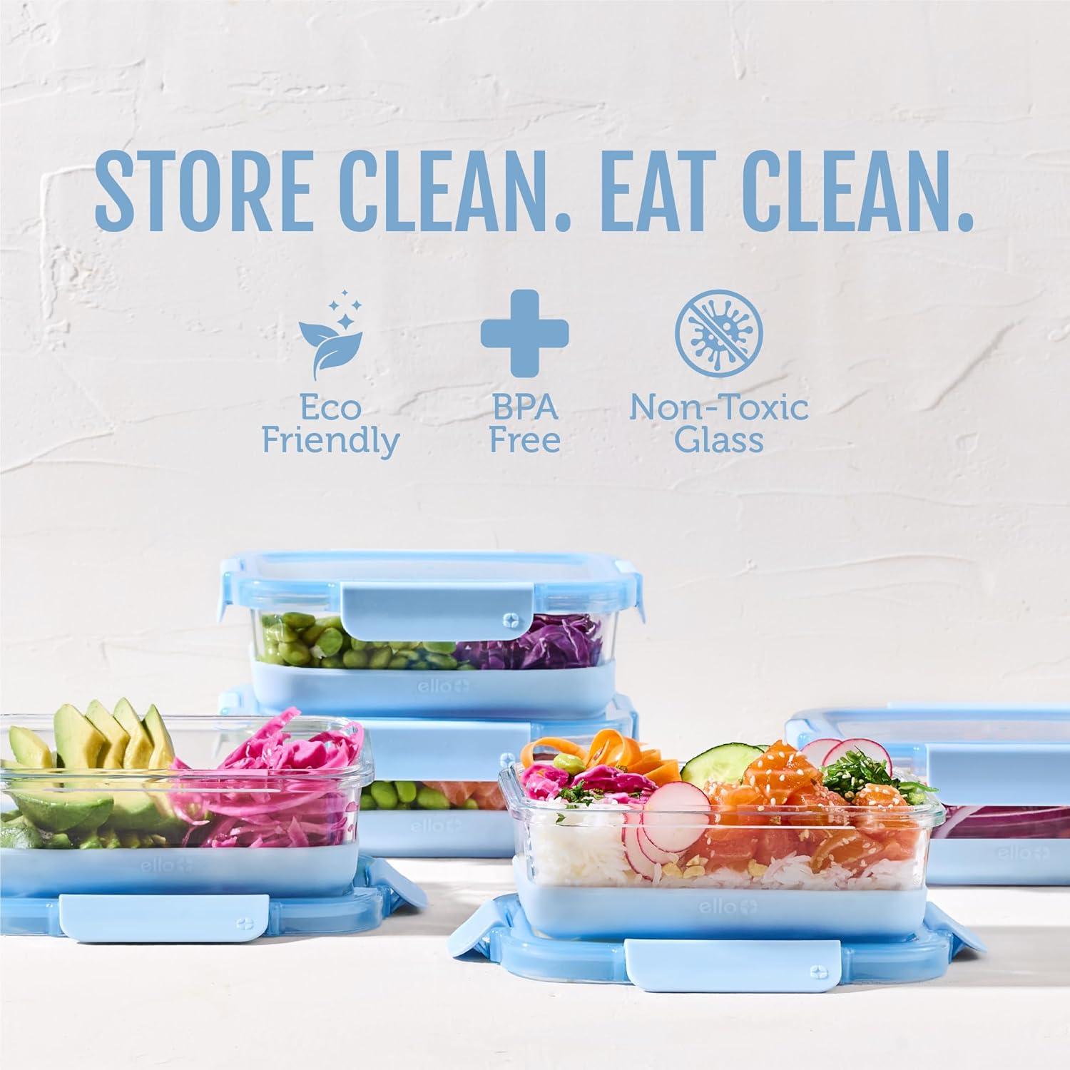 imageEllo Duraglass 34 Cup Meal Prep Sets 10Pc 5 Pack Set Glass Food Storage Container with Silicone Sleeve and Airtight BPAFree Plastic Lids Dishwasher Microwave and Freezer Safe MelonHalogen Blue with Boot