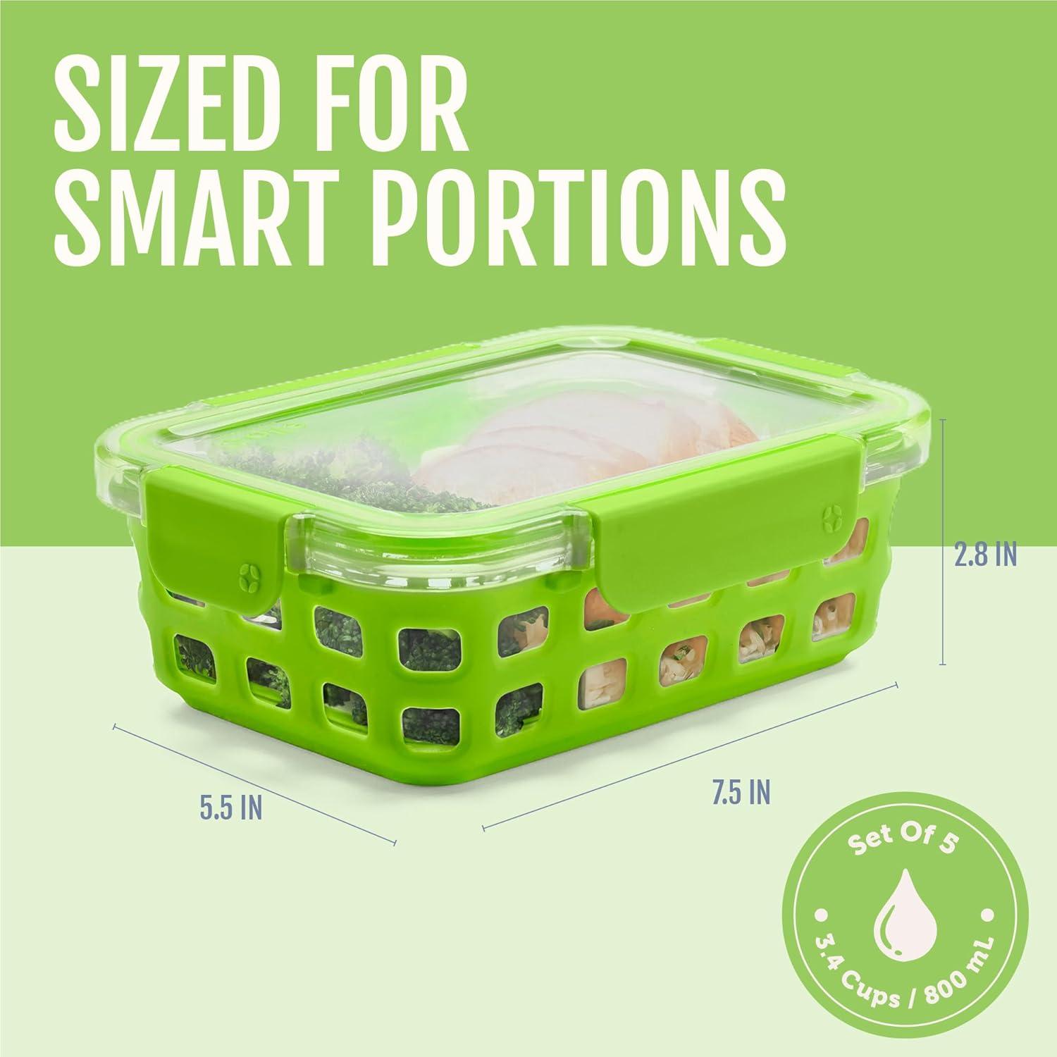 imageEllo Duraglass 34 Cup Meal Prep Sets 10Pc 5 Pack Set Glass Food Storage Container with Silicone Sleeve and Airtight BPAFree Plastic Lids Dishwasher Microwave and Freezer Safe MelonFruit Salad