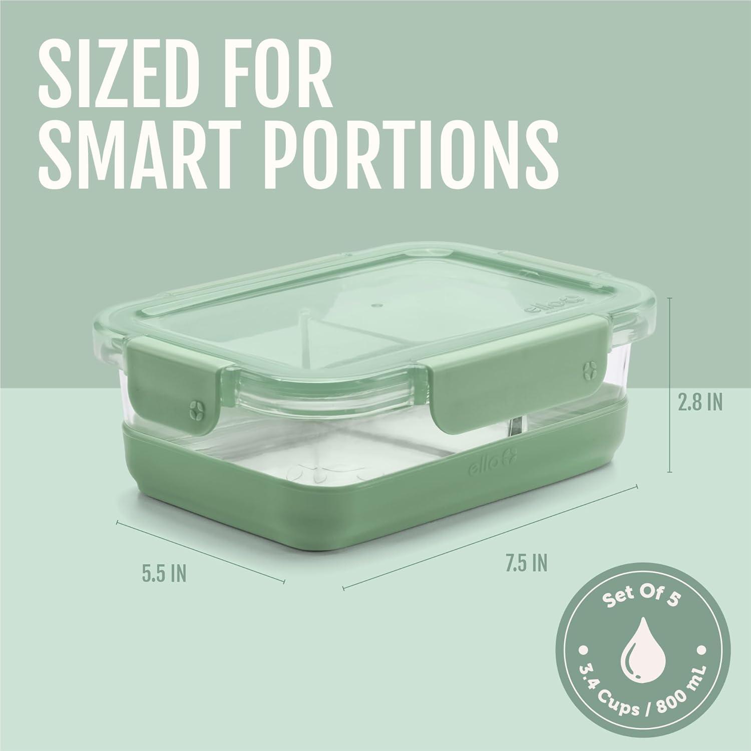 imageEllo Duraglass 34 Cup Meal Prep Sets 10Pc 5 Pack Set Glass Food Storage Container with Silicone Sleeve and Airtight BPAFree Plastic Lids Dishwasher Microwave and Freezer Safe MelonDivided Meal Prep Heather Glade