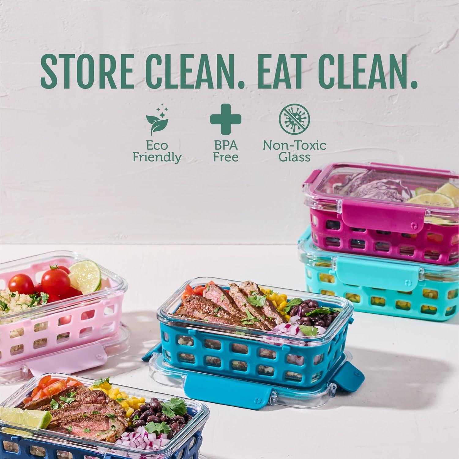 imageEllo Duraglass 34 Cup Meal Prep Sets 10Pc 5 Pack Set Glass Food Storage Container with Silicone Sleeve and Airtight BPAFree Plastic Lids Dishwasher Microwave and Freezer Safe MelonEvening Orchard