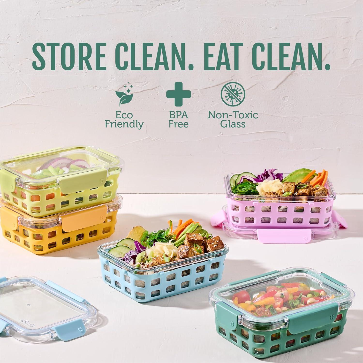 imageEllo Duraglass 34 Cup Meal Prep Sets 10Pc 5 Pack Set Glass Food Storage Container with Silicone Sleeve and Airtight BPAFree Plastic Lids Dishwasher Microwave and Freezer Safe MelonMeadow