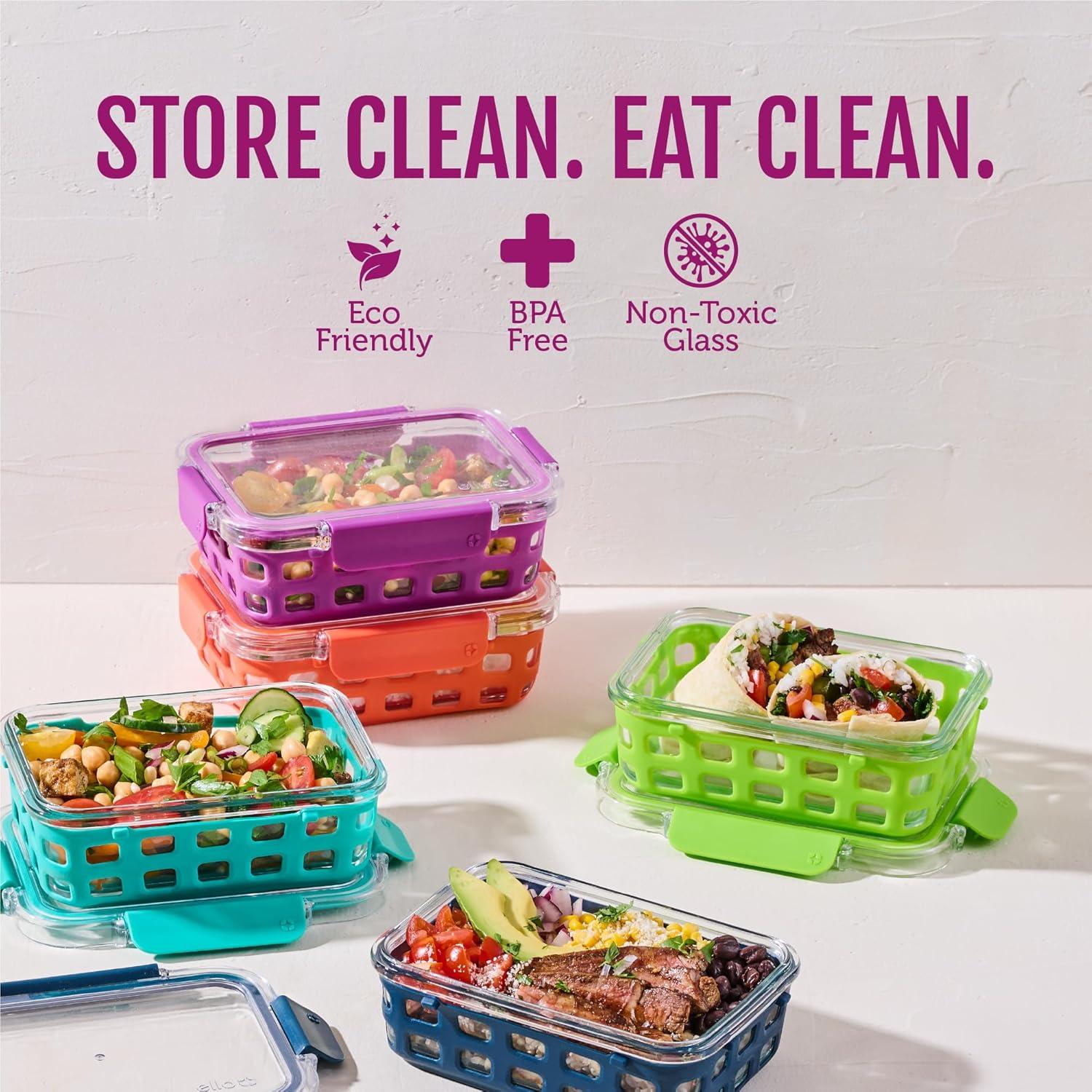 imageEllo Duraglass 34 Cup Meal Prep Sets 10Pc 5 Pack Set Glass Food Storage Container with Silicone Sleeve and Airtight BPAFree Plastic Lids Dishwasher Microwave and Freezer Safe MelonFruit Salad