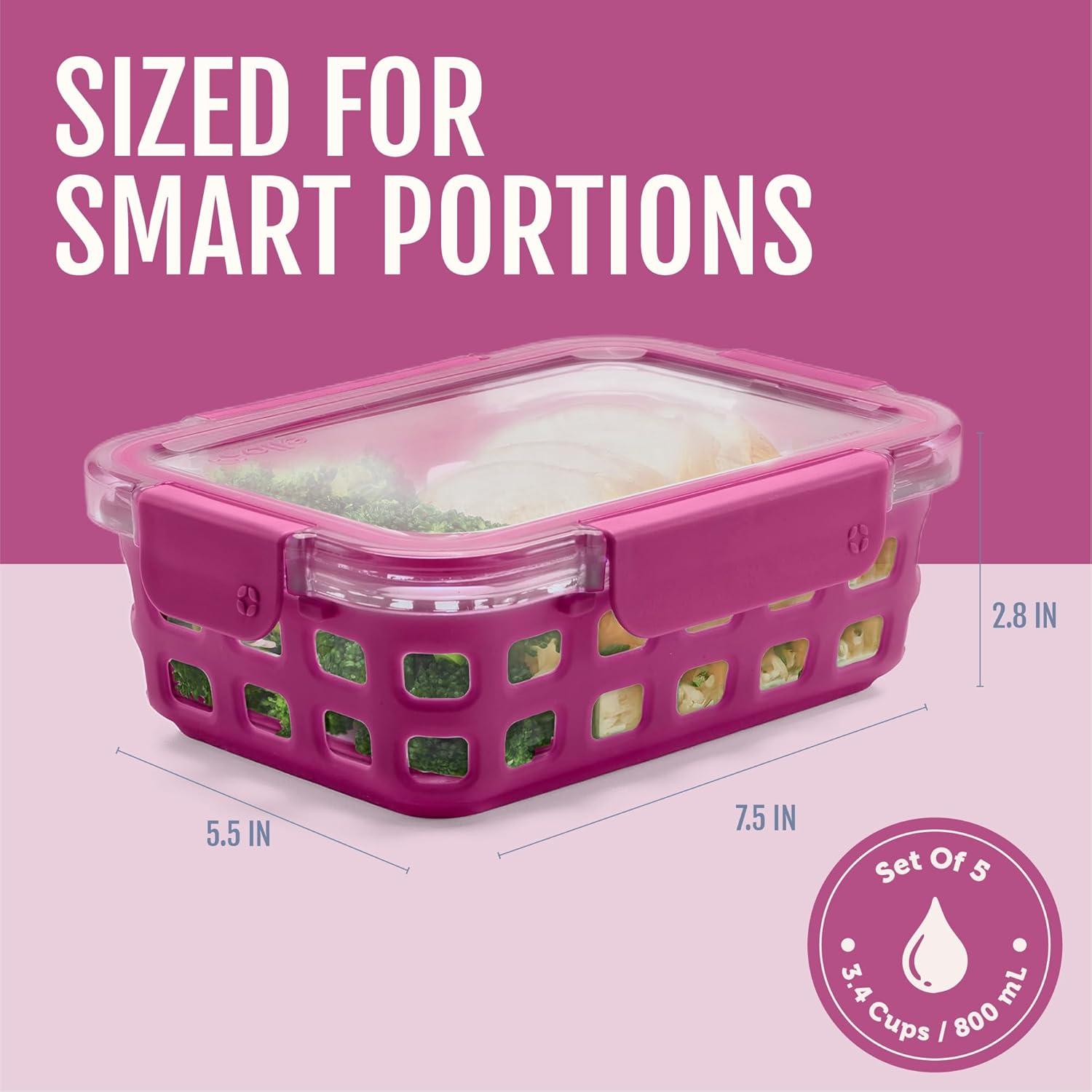 imageEllo Duraglass 34 Cup Meal Prep Sets 10Pc 5 Pack Set Glass Food Storage Container with Silicone Sleeve and Airtight BPAFree Plastic Lids Dishwasher Microwave and Freezer Safe MelonEvening Orchard