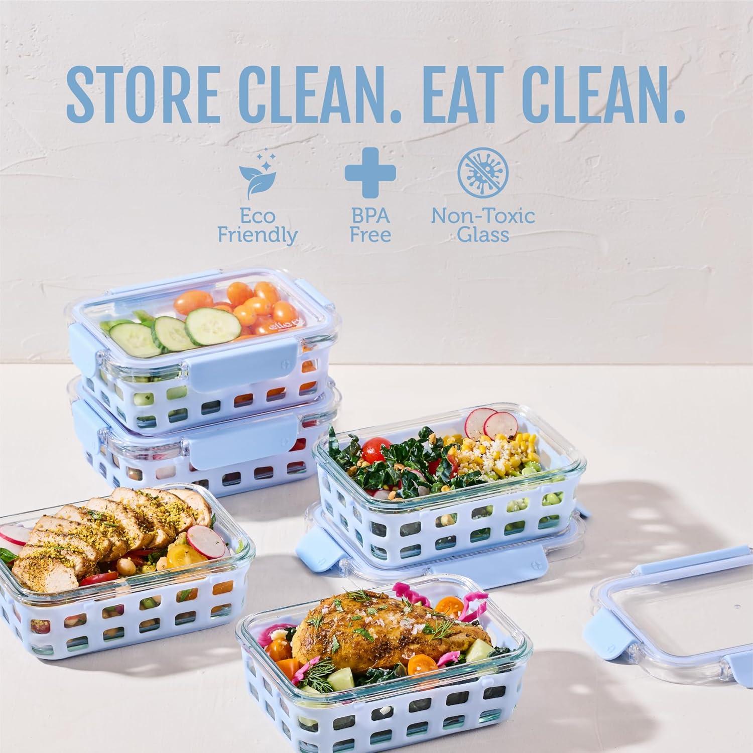 imageEllo Duraglass 34 Cup Meal Prep Sets 10Pc 5 Pack Set Glass Food Storage Container with Silicone Sleeve and Airtight BPAFree Plastic Lids Dishwasher Microwave and Freezer Safe MelonHalogen Blue with Sleeve