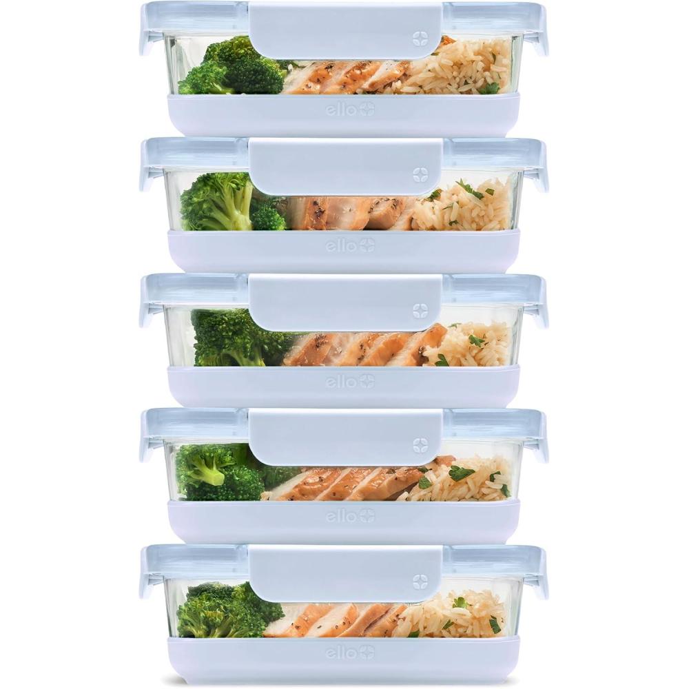 imageEllo Duraglass 34 Cup Meal Prep Sets 10Pc 5 Pack Set Glass Food Storage Container with Silicone Sleeve and Airtight BPAFree Plastic Lids Dishwasher Microwave and Freezer Safe MelonHalogen Blue with Boot