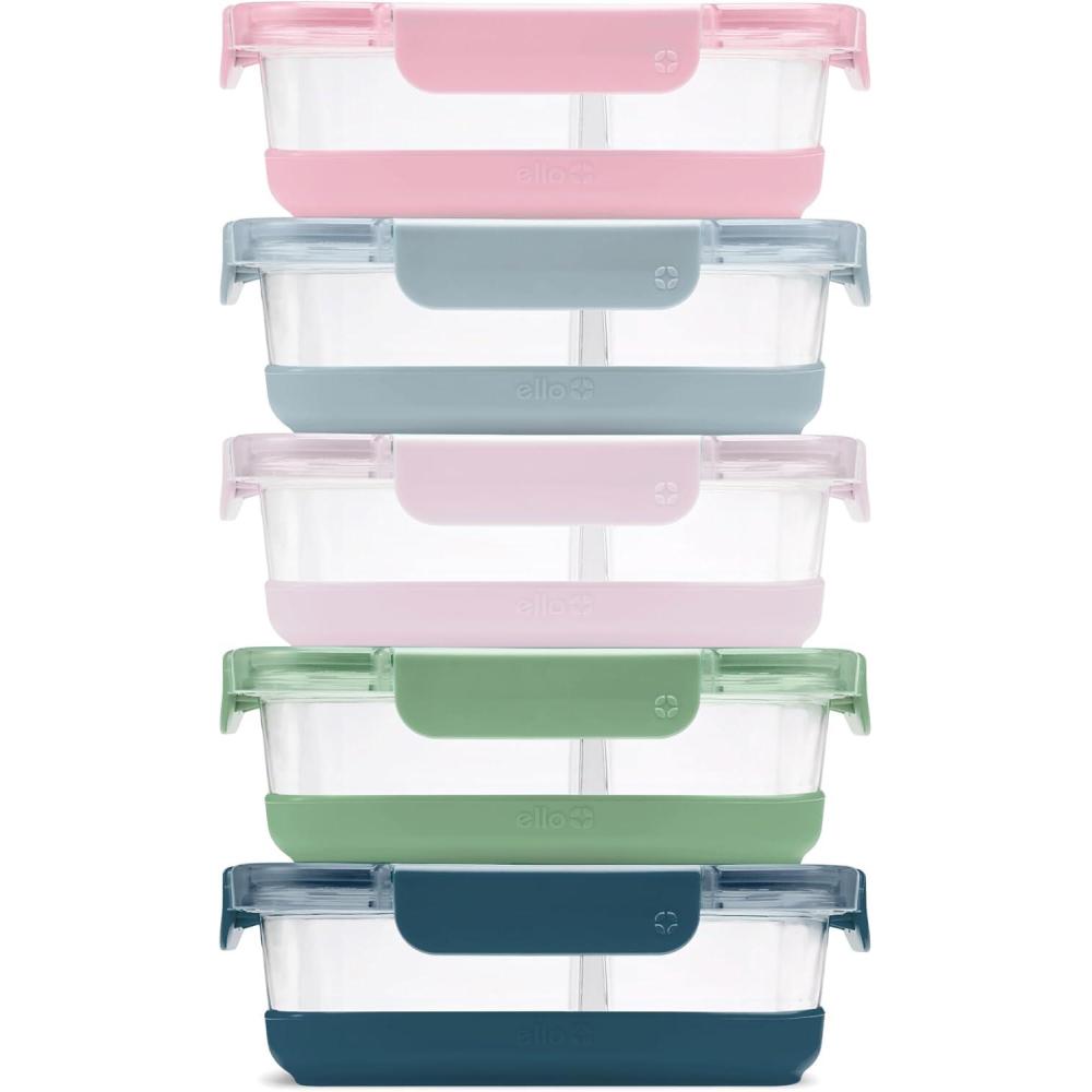 imageEllo Duraglass 34 Cup Meal Prep Sets 10Pc 5 Pack Set Glass Food Storage Container with Silicone Sleeve and Airtight BPAFree Plastic Lids Dishwasher Microwave and Freezer Safe MelonDivided Meal Prep Heather Glade