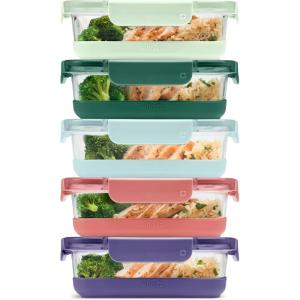 Ello Duraglass 3.4 Cup Meal Prep Sets 10Pc, 5 Pack Set- Glass Food Storage Container with Silicone Sleeve and Airtight BPA-Free Plastic Lids, Dishwasher, Microwave, and Freezer Safe, Melon(Everest)