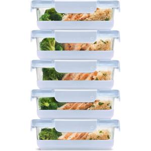 Ello Duraglass 3.4 Cup Meal Prep Sets 10Pc, 5 Pack Set- Glass Food Storage Container with Silicone Sleeve and Airtight BPA-Free Plastic Lids, Dishwasher, Microwave, and Freezer Safe, Melon(Halogen Blue with Boot)