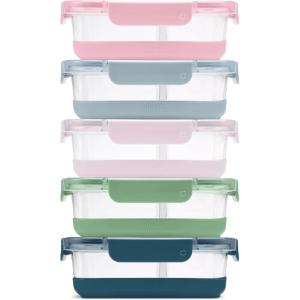 Ello Duraglass 3.4 Cup Meal Prep Sets 10Pc, 5 Pack Set- Glass Food Storage Container with Silicone Sleeve and Airtight BPA-Free Plastic Lids, Dishwasher, Microwave, and Freezer Safe, Melon(Divided Meal Prep- Heather Glade)