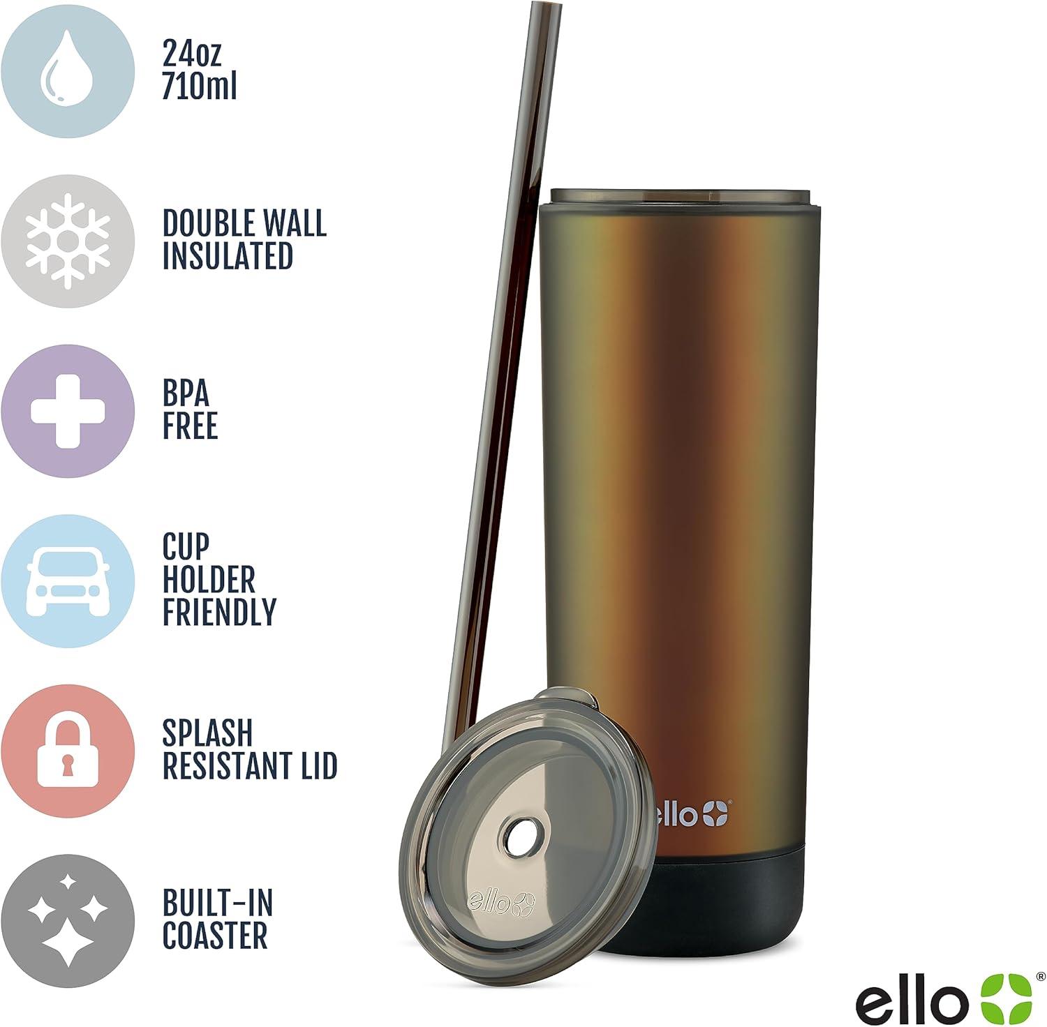 imageEllo Monterey Double Walled Insulated Plastic Tumbler with Straw and Builtin Coaster BPA Free 24ozBlack
