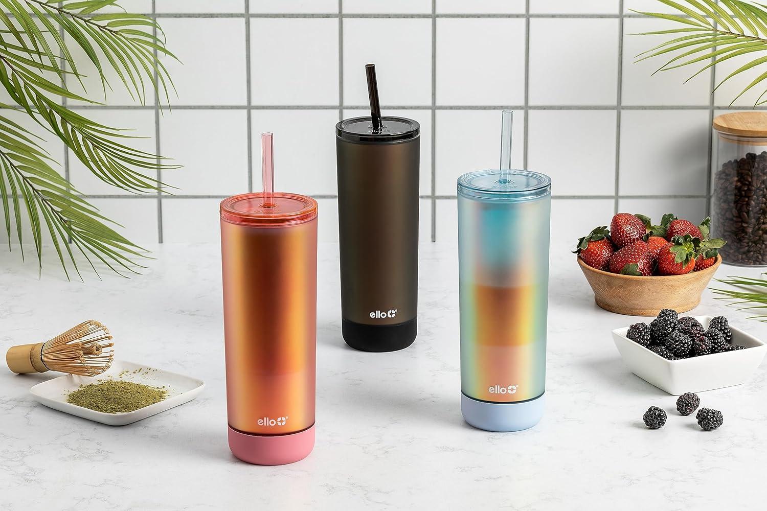 imageEllo Monterey Double Walled Insulated Plastic Tumbler with Straw and Builtin Coaster BPA Free 24ozBlue
