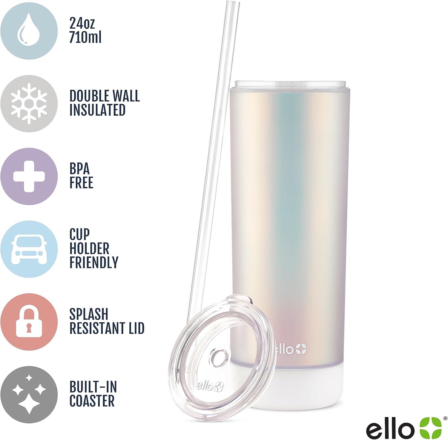 imageEllo Monterey Double Walled Insulated Plastic Tumbler with Straw and Builtin Coaster BPA Free 24ozSilver