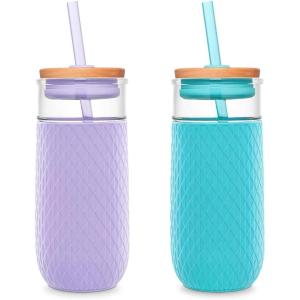 Ello Devon 18oz Glass Tumbler with Straw, Friction Fit Bamboo Wood Lid and Silicone Sleeve | Perfect for Iced Coffee, Tea, Matcha and Smoothies(2 Pack)