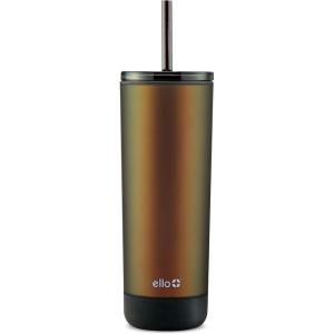 Ello Monterey Double Walled Insulated Plastic Tumbler with Straw and Built-in Coaster, BPA Free, 24oz(Black)
