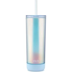 Ello Monterey Double Walled Insulated Plastic Tumbler with Straw and Built-in Coaster, BPA Free, 24oz(Blue)