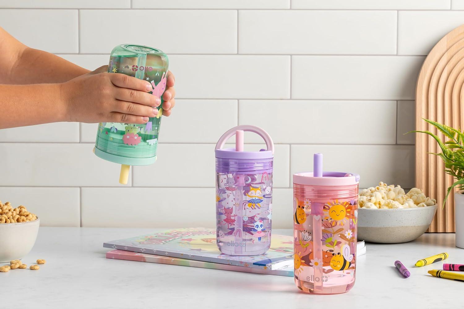 imageEllo Bop 2Pack 12oz Kids Plastic Tumbler Set with Carry Loop LeakProof Slider Lid Removable Spill Resistent Soft Straw BPAFreeAnimal Wonderland