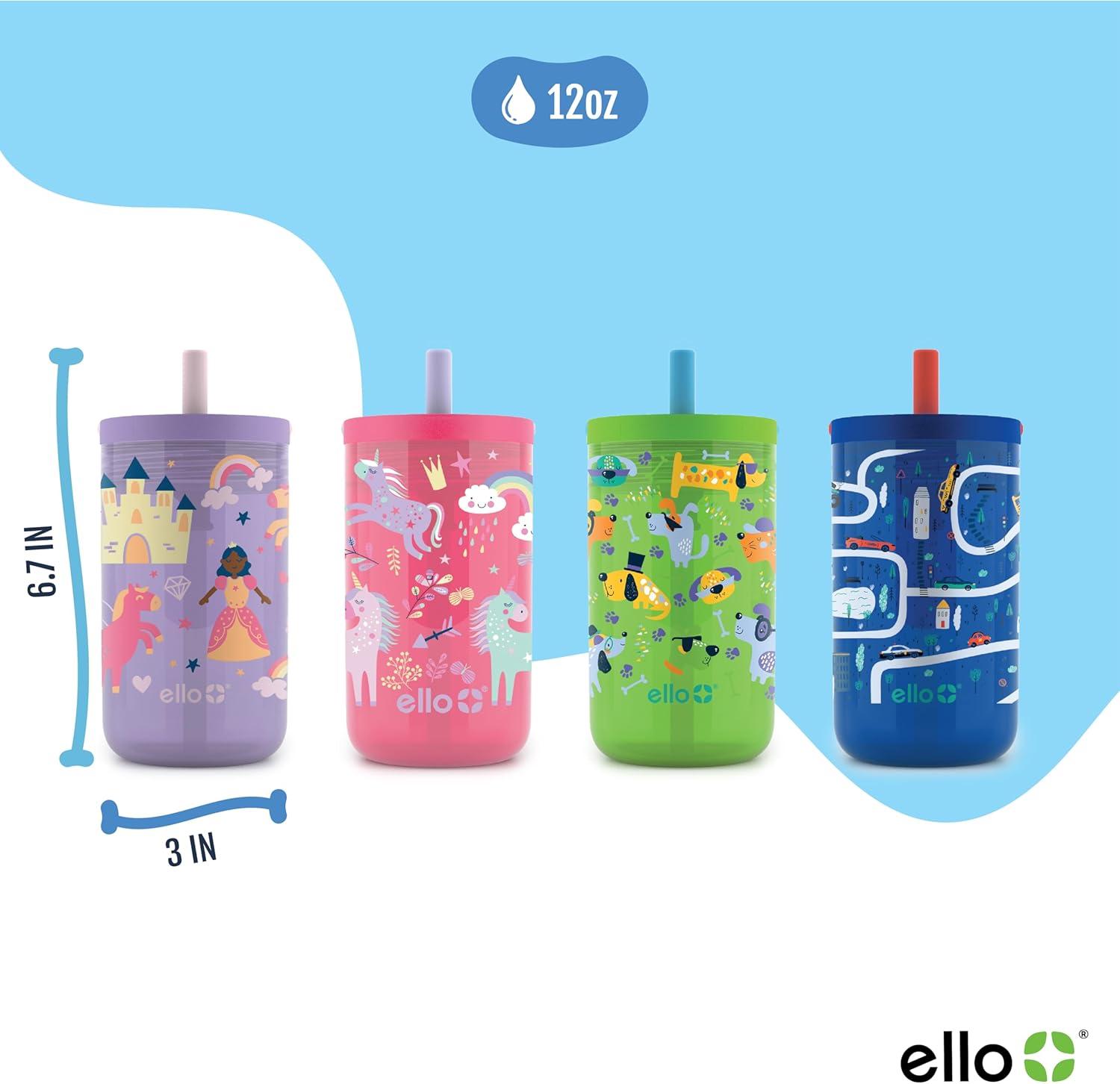 imageEllo Bop 2Pack 12oz Kids Plastic Tumbler Set with Carry Loop LeakProof Slider Lid Removable Spill Resistent Soft Straw BPAFreeCars and Dogs