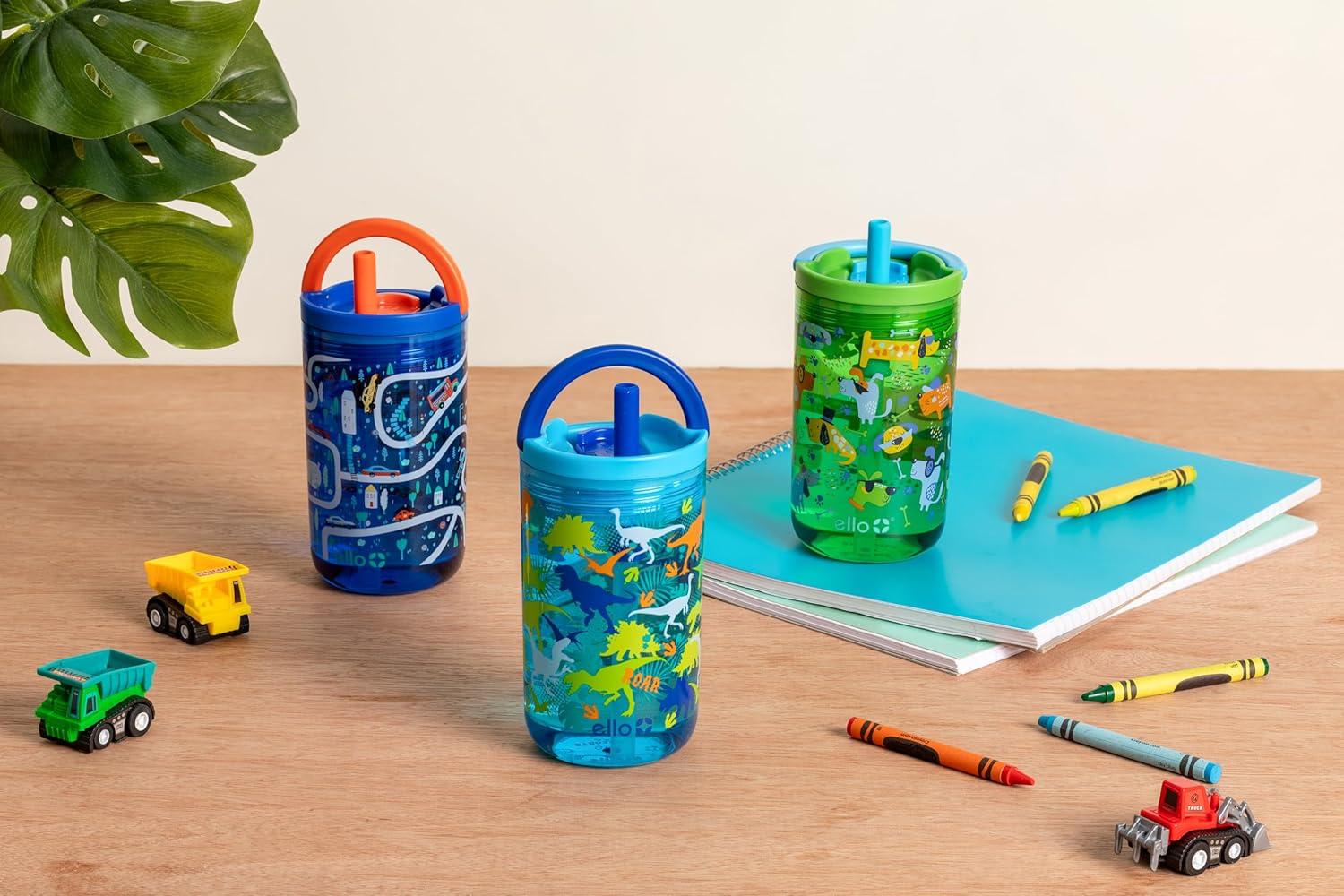 imageEllo Bop 2Pack 12oz Kids Plastic Tumbler Set with Carry Loop LeakProof Slider Lid Removable Spill Resistent Soft Straw BPAFreeCars and Dogs