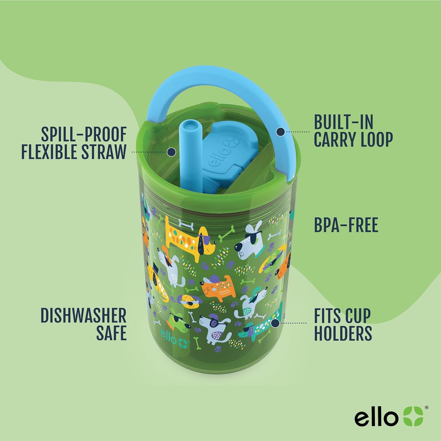 imageEllo Bop 2Pack 12oz Kids Plastic Tumbler Set with Carry Loop LeakProof Slider Lid Removable Spill Resistent Soft Straw BPAFreeCars and Dogs
