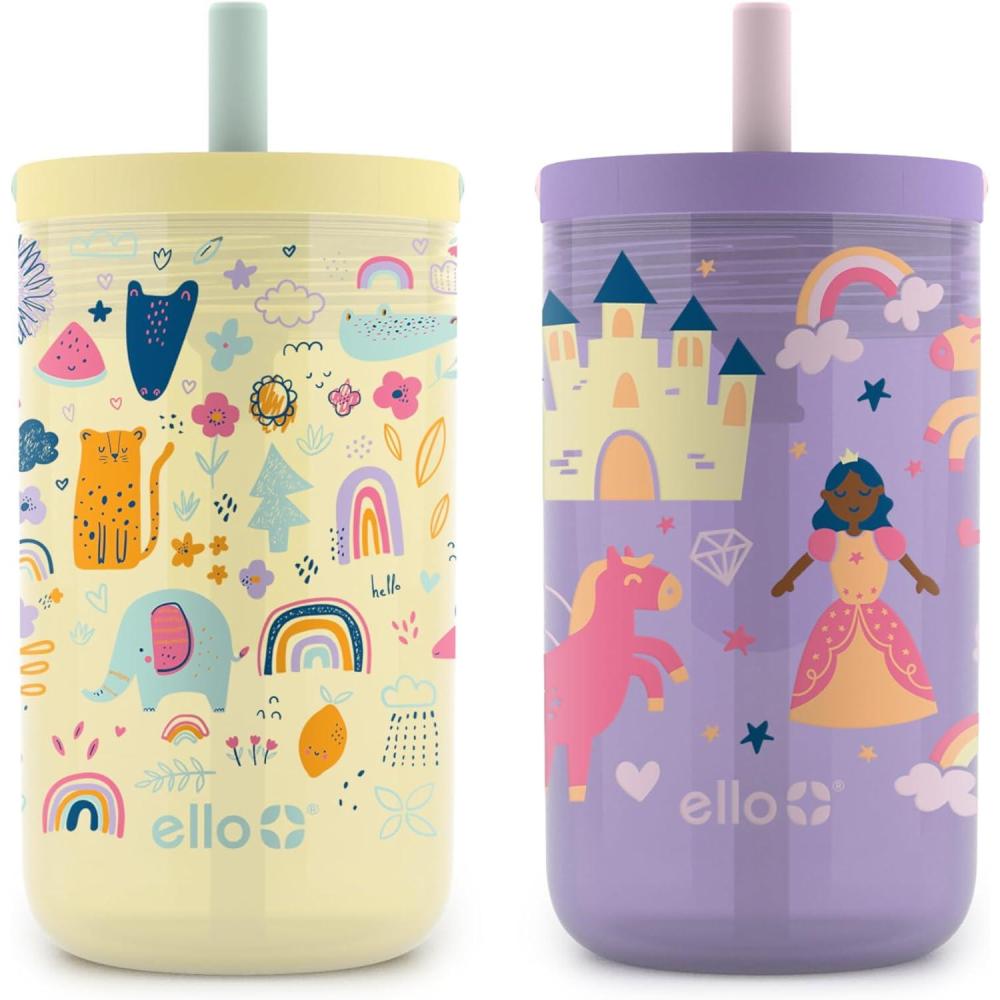 imageEllo Bop 2Pack 12oz Kids Plastic Tumbler Set with Carry Loop LeakProof Slider Lid Removable Spill Resistent Soft Straw BPAFreeAnimal Wonderland