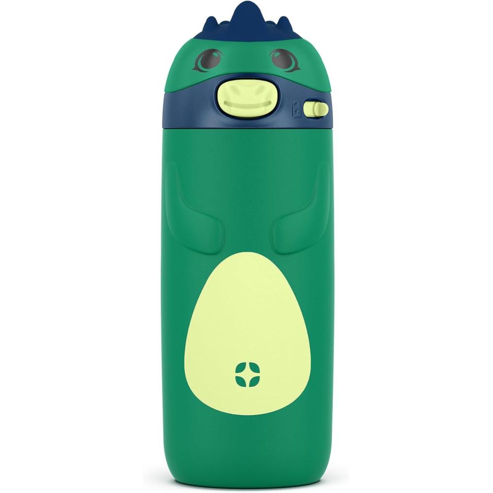 imageEllo Ellies 12oz Vacuum Insulated Stainless Steel Kids Water Bottle with Straw and Builtin Carrying Handle and LeakProof Locking Lid for School Backpack Lunchbox and Outdoor Sports DogDino