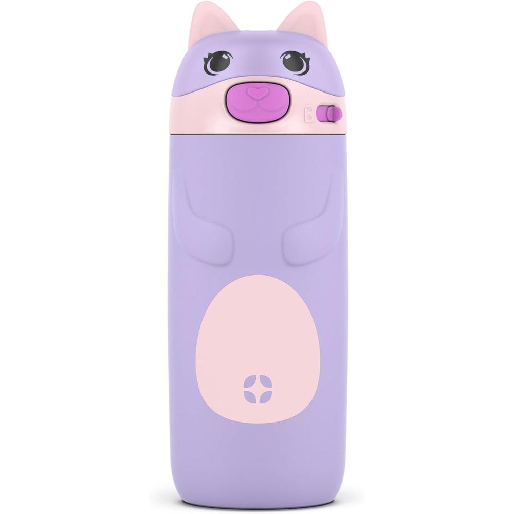 imageEllo Ellies 12oz Vacuum Insulated Stainless Steel Kids Water Bottle with Straw and Builtin Carrying Handle and LeakProof Locking Lid for School Backpack Lunchbox and Outdoor Sports DogCat