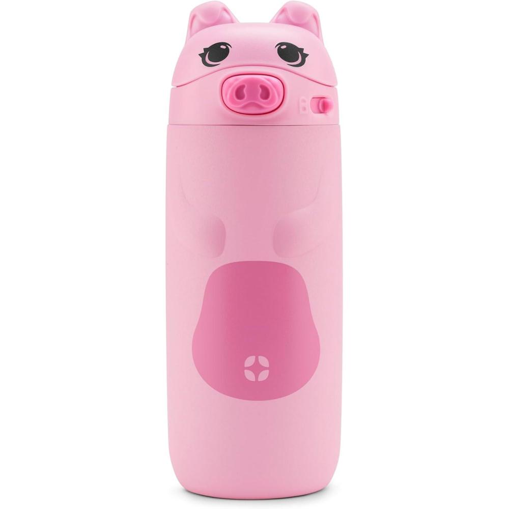 imageEllo Ellies 12oz Vacuum Insulated Stainless Steel Kids Water Bottle with Straw and Builtin Carrying Handle and LeakProof Locking Lid for School Backpack Lunchbox and Outdoor Sports DogPig