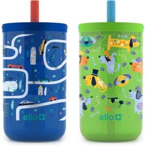 Ello Bop 2-Pack 12oz Kids Plastic Tumbler Set with Carry Loop | Leak-Proof Slider Lid | Removable Spill Resistent Soft Straw | BPA-Free(Cars and Dogs)