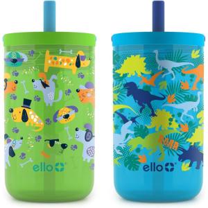 Ello Bop 2-Pack 12oz Kids Plastic Tumbler Set with Carry Loop | Leak-Proof Slider Lid | Removable Spill Resistent Soft Straw | BPA-Free(Dogs and Dinos)