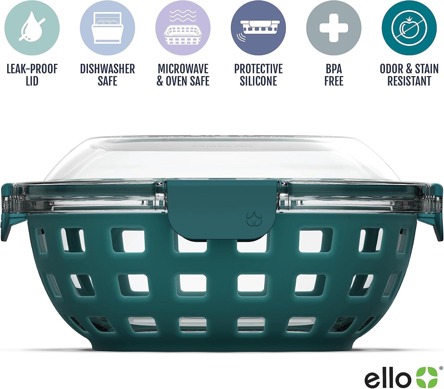 imageEllo Duraglass Meal Prep Container Glass Food Storage Container with Silicone Sleeve and Airtight BPAFree Plastic Lid Dishwasher Microwave and Freezer Safe5 Cup Watercress