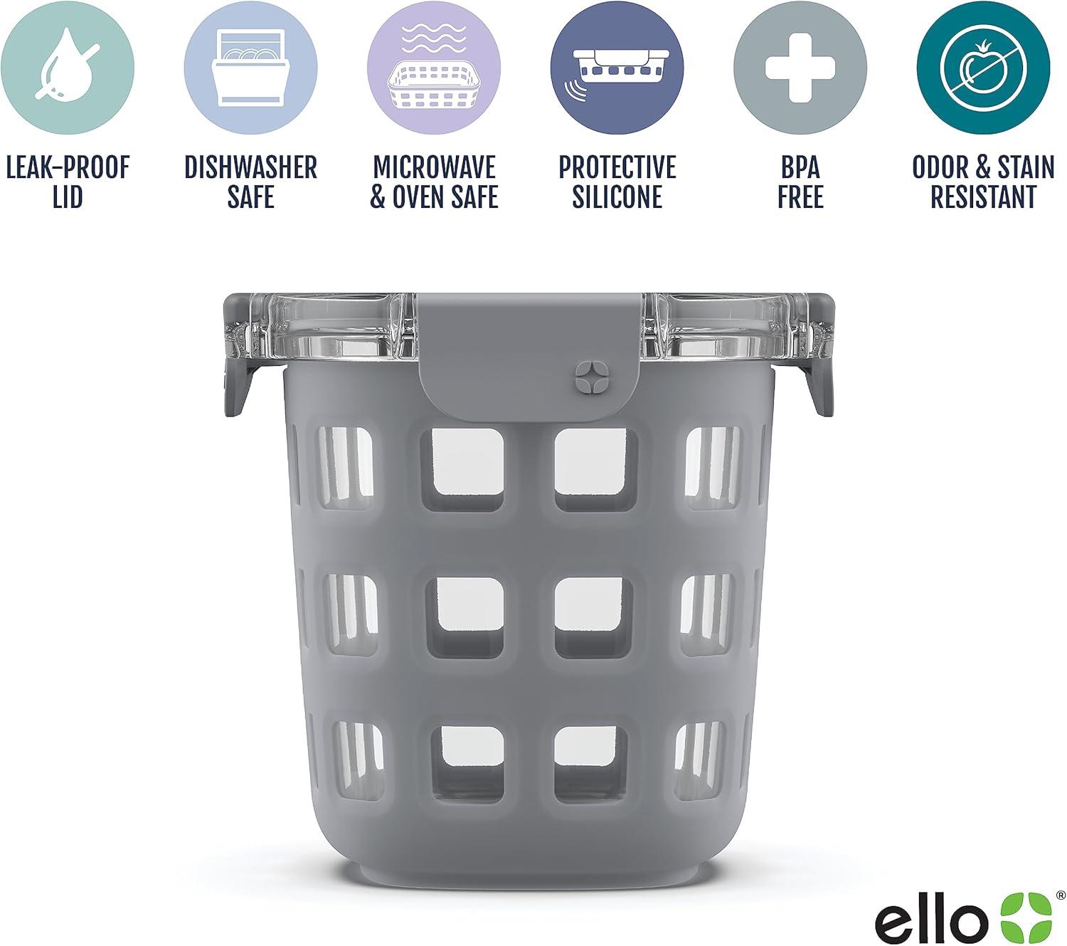 imageEllo Duraglass Meal Prep Container Glass Food Storage Container with Silicone Sleeve and Airtight BPAFree Plastic Lid Dishwasher Microwave and Freezer SafeGray