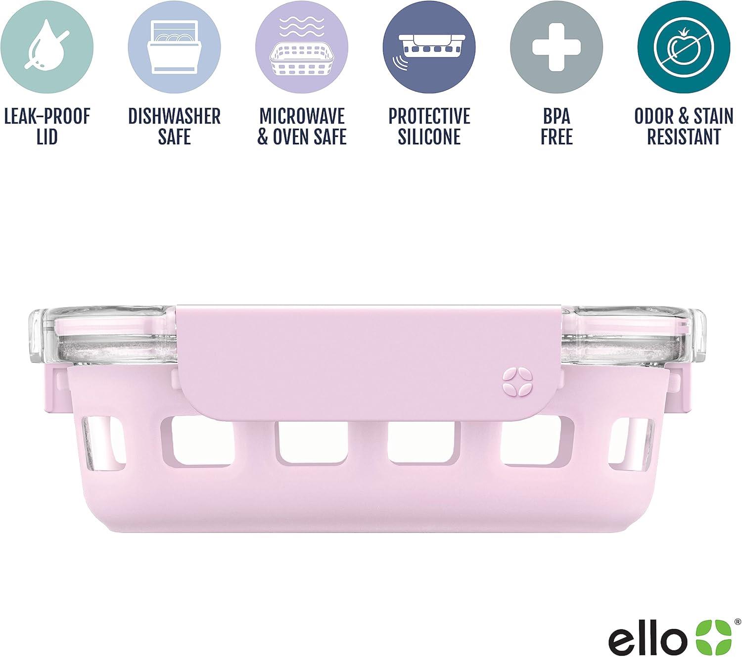imageEllo Duraglass Meal Prep Container Glass Food Storage Container with Silicone Sleeve and Airtight BPAFree Plastic Lid Dishwasher Microwave and Freezer SafeCashmere Pink