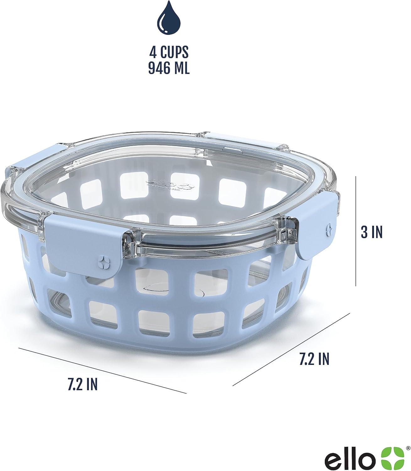 imageEllo Duraglass Meal Prep Container Glass Food Storage Container with Silicone Sleeve and Airtight BPAFree Plastic Lid Dishwasher Microwave and Freezer SafeHalogen Blue