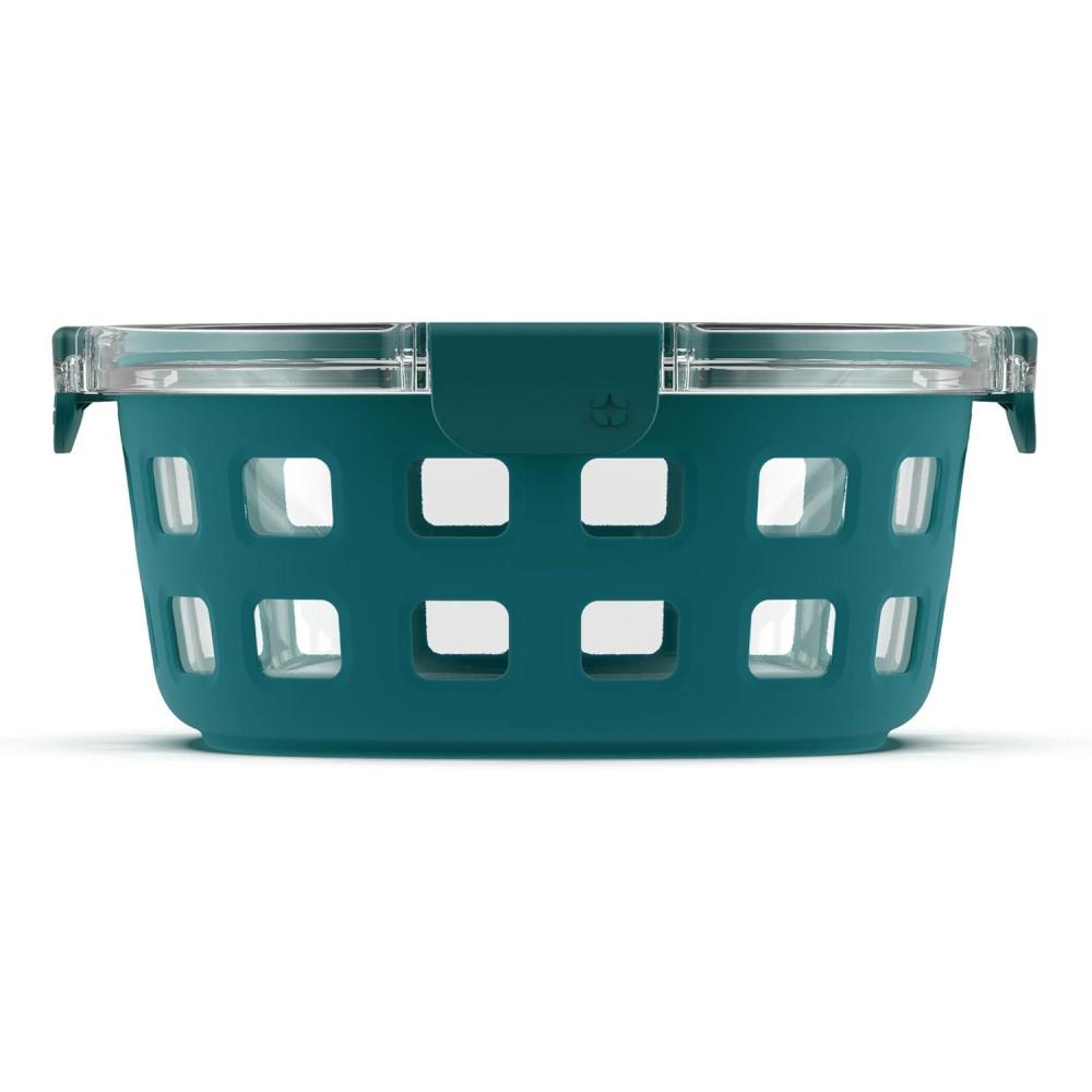 imageEllo Duraglass Meal Prep Container Glass Food Storage Container with Silicone Sleeve and Airtight BPAFree Plastic Lid Dishwasher Microwave and Freezer Safe7 Cup Teal