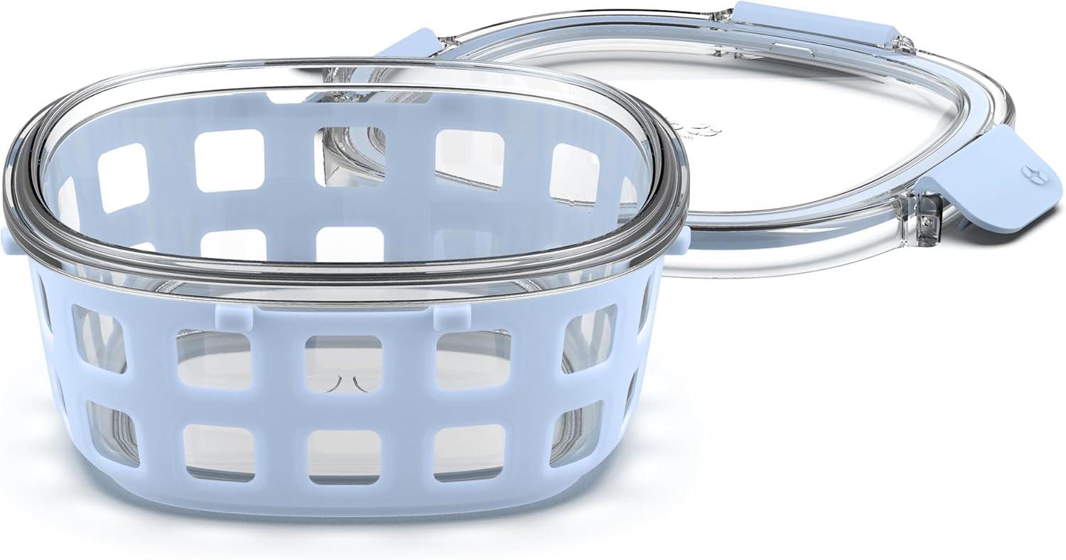 imageEllo Duraglass Meal Prep Container Glass Food Storage Container with Silicone Sleeve and Airtight BPAFree Plastic Lid Dishwasher Microwave and Freezer Safe4 Cup Halogen Blue