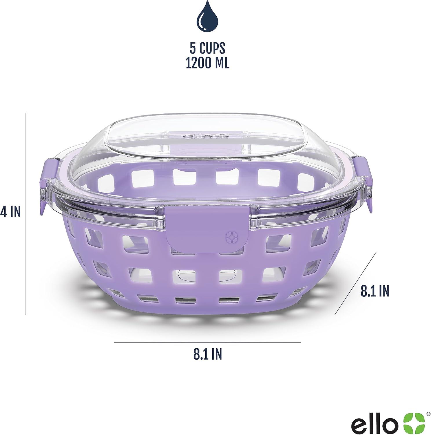 imageEllo Duraglass Meal Prep Container Glass Food Storage Container with Silicone Sleeve and Airtight BPAFree Plastic Lid Dishwasher Microwave and Freezer Safe5 Cup Lilac