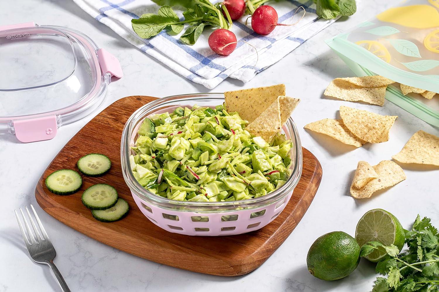 imageEllo Duraglass Meal Prep Container Glass Food Storage Container with Silicone Sleeve and Airtight BPAFree Plastic Lid Dishwasher Microwave and Freezer Safe5 Cup Cashmere