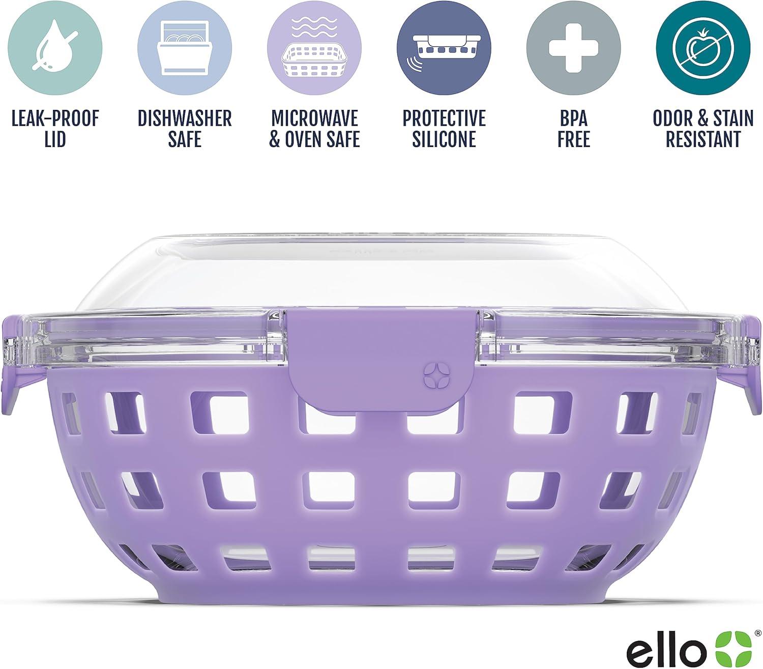 imageEllo Duraglass Meal Prep Container Glass Food Storage Container with Silicone Sleeve and Airtight BPAFree Plastic Lid Dishwasher Microwave and Freezer Safe5 Cup Lilac