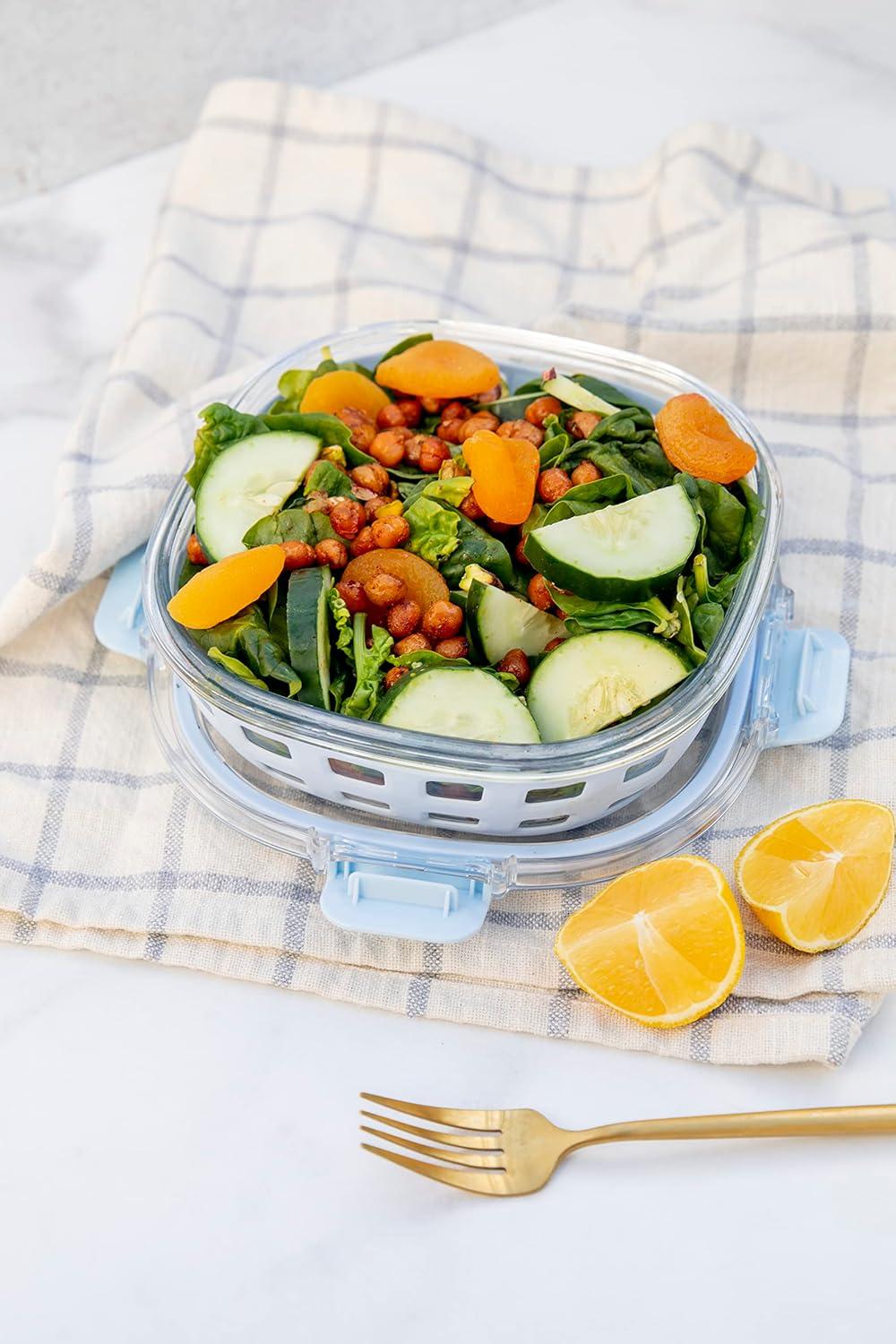 imageEllo Duraglass Meal Prep Container Glass Food Storage Container with Silicone Sleeve and Airtight BPAFree Plastic Lid Dishwasher Microwave and Freezer Safe5 Cup Halogen Blue