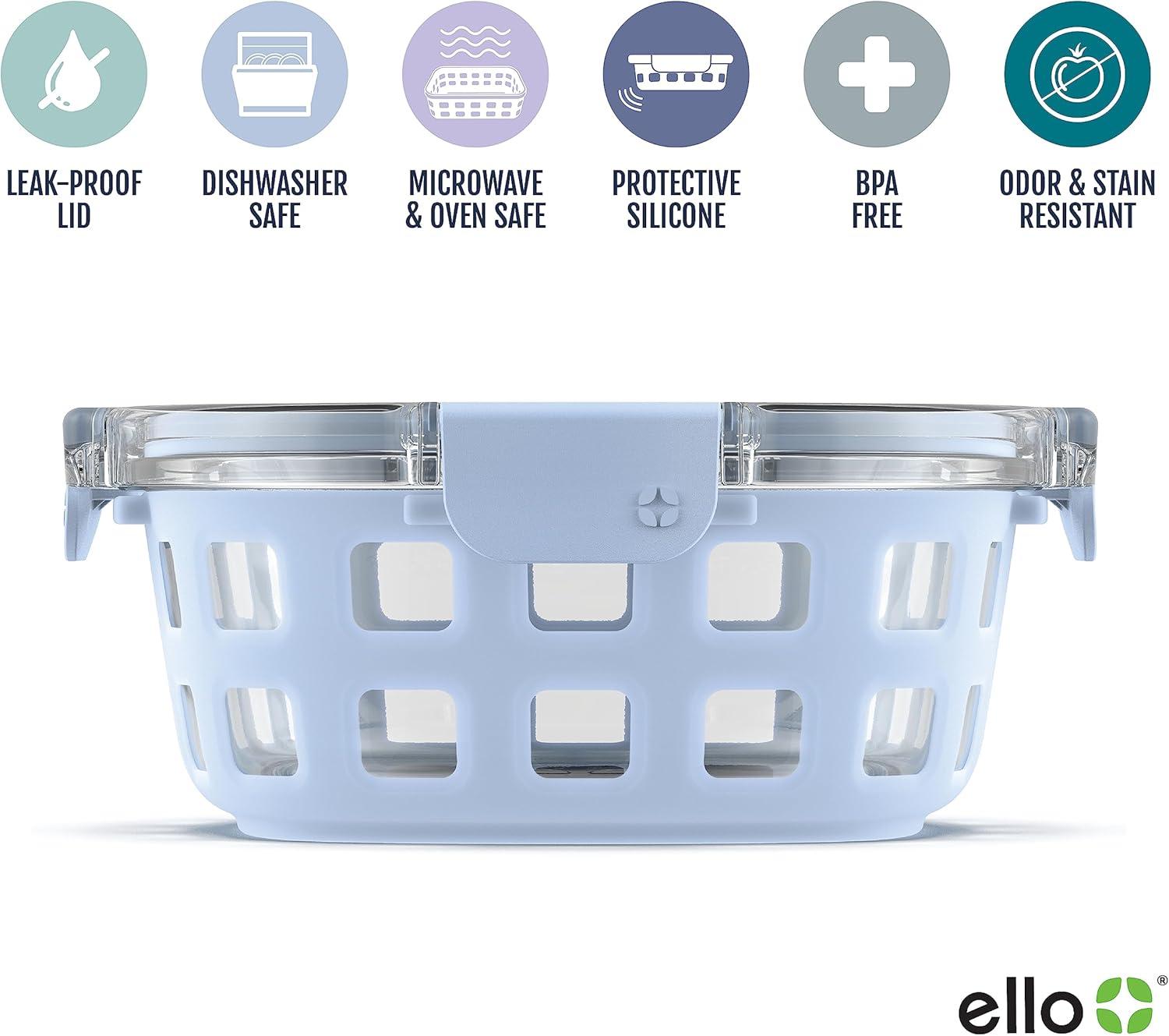 imageEllo Duraglass Meal Prep Container Glass Food Storage Container with Silicone Sleeve and Airtight BPAFree Plastic Lid Dishwasher Microwave and Freezer Safe4 Cup Halogen Blue