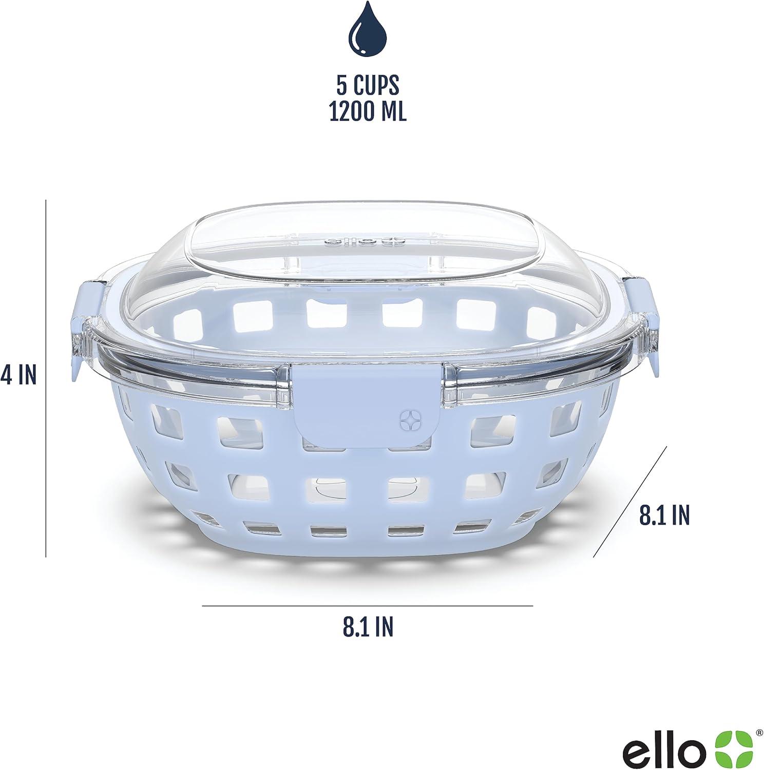 imageEllo Duraglass Meal Prep Container Glass Food Storage Container with Silicone Sleeve and Airtight BPAFree Plastic Lid Dishwasher Microwave and Freezer Safe5 Cup Halogen Blue