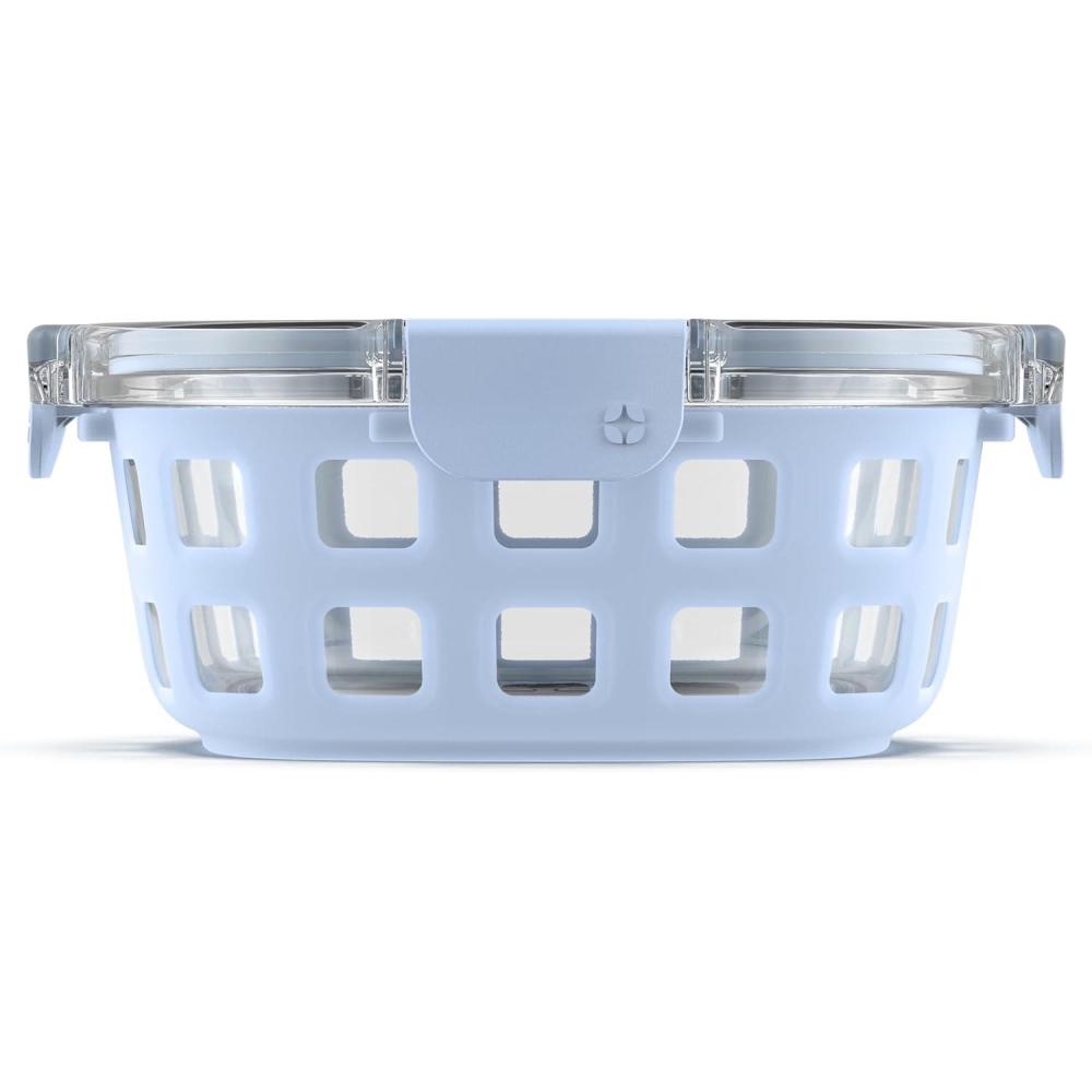 imageEllo Duraglass Meal Prep Container Glass Food Storage Container with Silicone Sleeve and Airtight BPAFree Plastic Lid Dishwasher Microwave and Freezer Safe4 Cup Halogen Blue