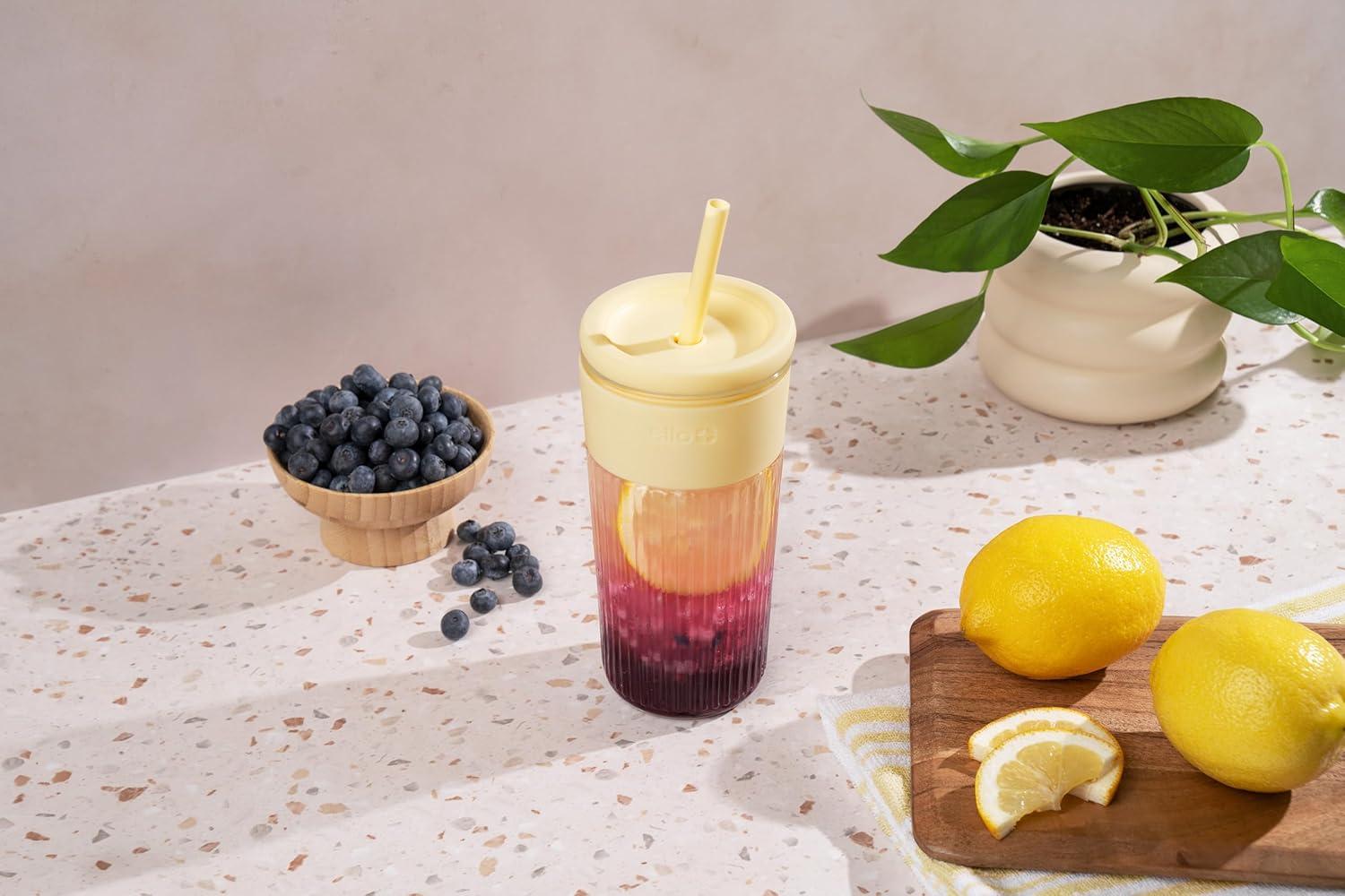 imageEllo Ava 18oz Glass Tumbler with Straw and Lid Premium Ribbed Glass with Silicone Grip Car Cup Friendly Dishwasher Safe BPA Free Iced Coffee Water Matcha Juice Cup LemonLemon