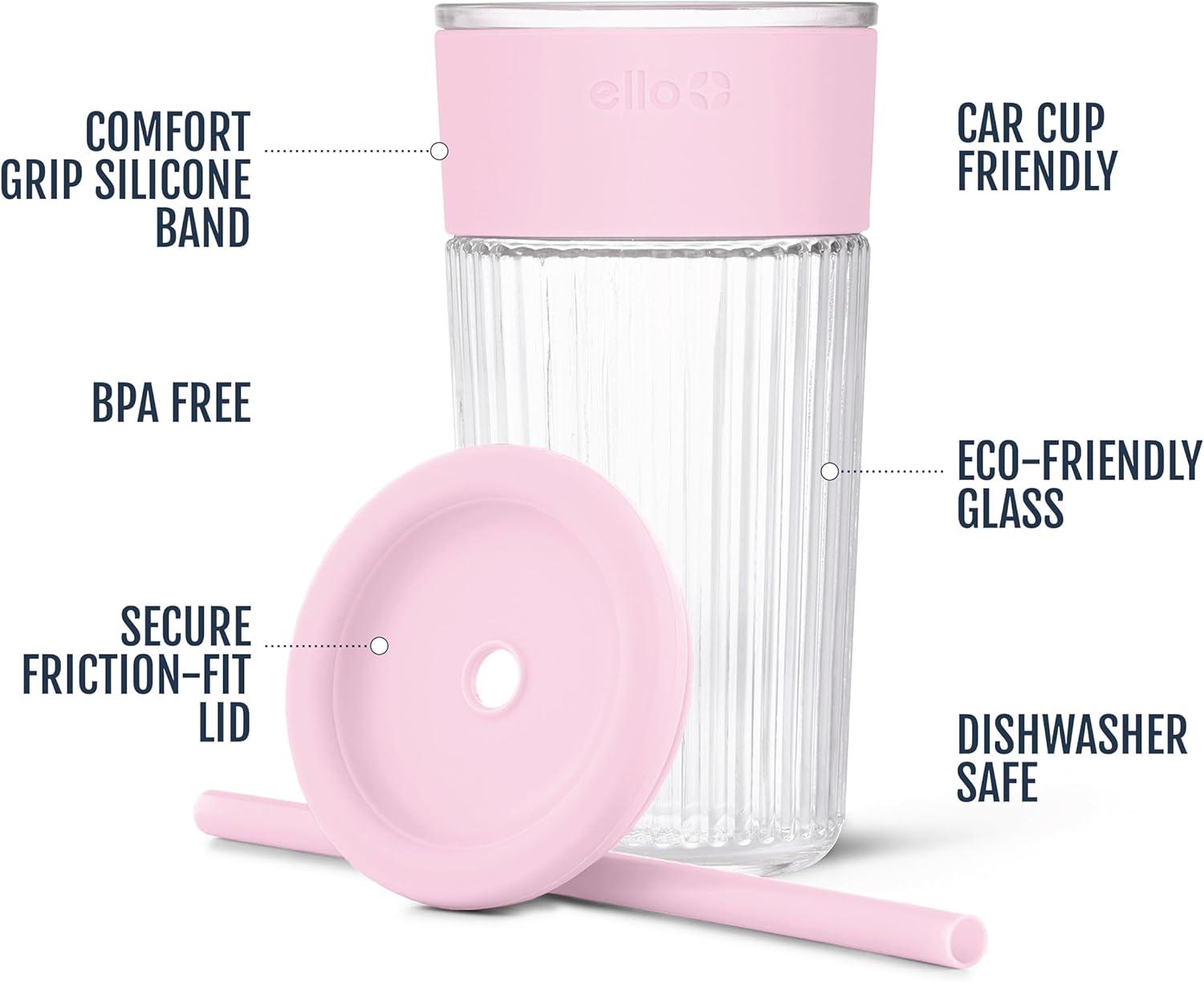 imageEllo Ava 18oz Glass Tumbler with Straw and Lid Premium Ribbed Glass with Silicone Grip Car Cup Friendly Dishwasher Safe BPA Free Iced Coffee Water Matcha Juice Cup LemonPink Orchard