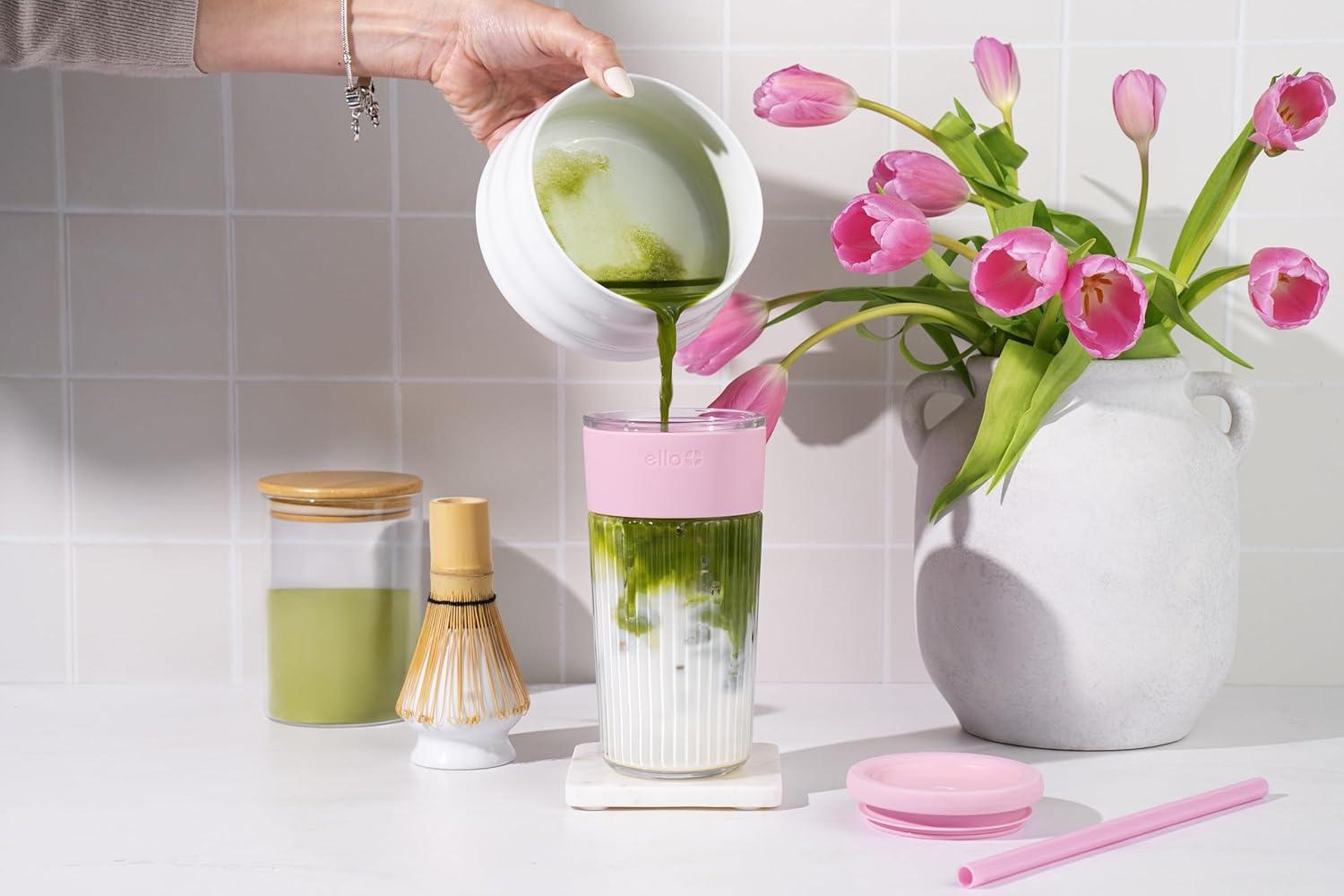 imageEllo Ava 18oz Glass Tumbler with Straw and Lid Premium Ribbed Glass with Silicone Grip Car Cup Friendly Dishwasher Safe BPA Free Iced Coffee Water Matcha Juice Cup LemonPink Orchard